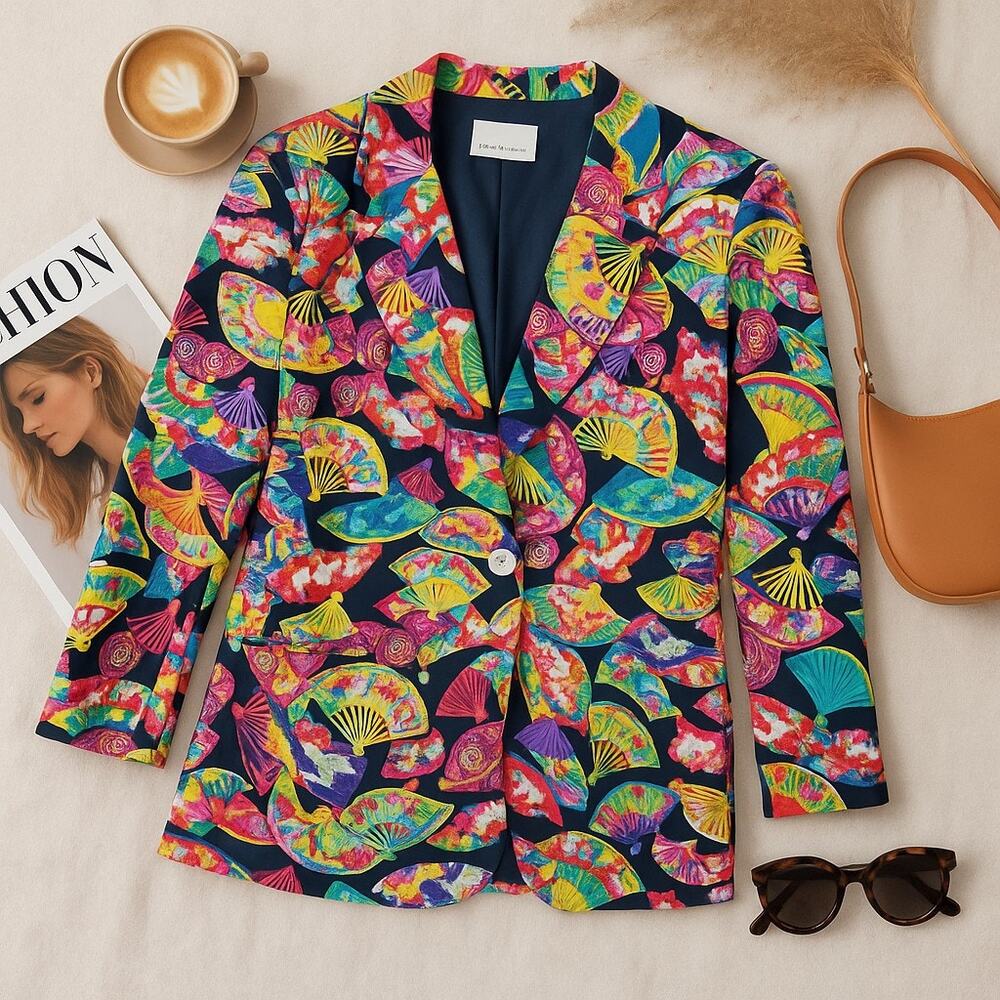 Dana Buchman Silk Chinese Asian Floral Fan Pagoda Blazer Jacket Vintage Womens 8